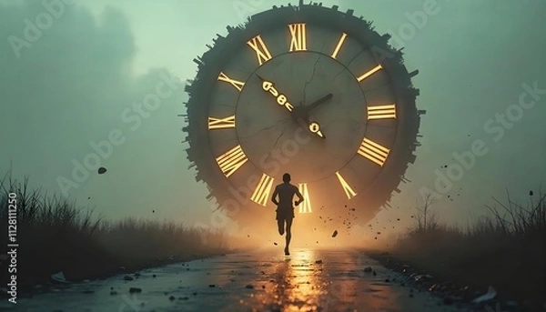 Fototapeta Runner Escaping from a Giant Cracked Clock Symbolizing Time Pressure in a Dramatic Foggy Setting