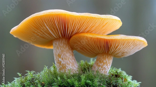 Fototapeta Mushrooms growing on vibrant green moss in a serene forest setting evoking themes of growth renewal and connection to nature symbolizing resilience and the interconnectedness of ecosystems