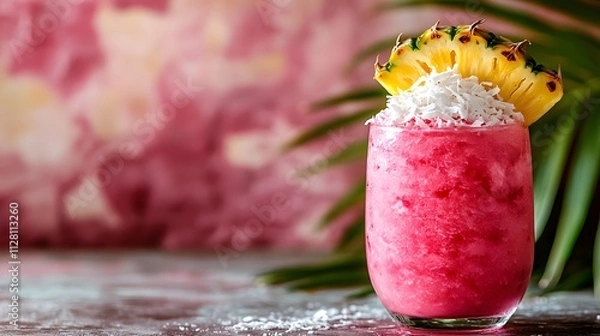 Obraz Watermelon Slush is a vibrant, refreshing drink topped with coconut and garnished with a pineapple slice, perfect for summertime relaxation and tropical vibes.