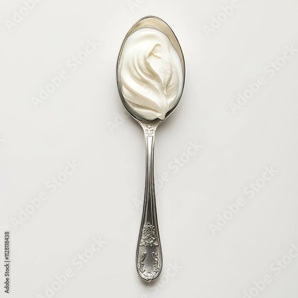 Obraz top view white yogurt on a silver spoon with a simple design isolated on a solid background. National Frozen Yogurt Day