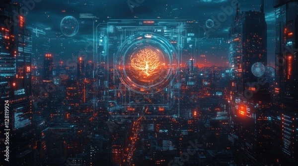 Fototapeta Futuristic city at night with a glowing tree in a digital interface.