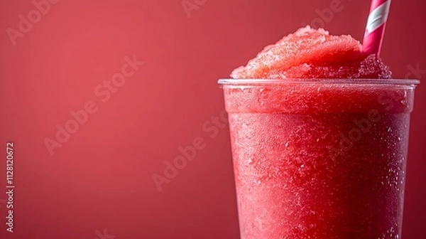 Obraz Watermelon Slush is a refreshing icy drink served in a clear cup, featuring a vibrant red color and frosty texture, perfect for hot summer days.