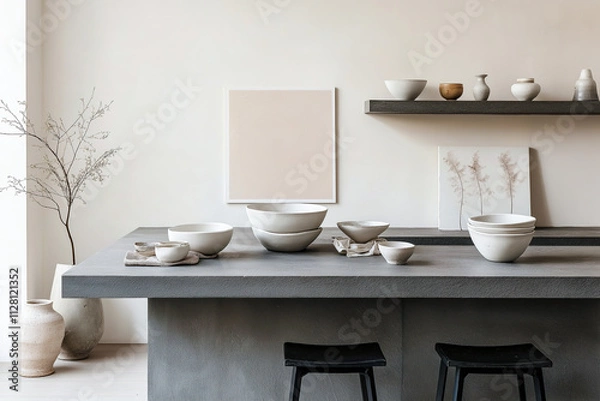 Obraz Stylish Japandi Dining Setup in a Kitchen with Gray Stone Countertop and Black Metal Stools for Contemporary Aesthetics
