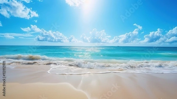 Obraz Beautiful Sandy Beach with Soft Blue Ocean Wave, Golden Sand, Gentle Ripple, Ideal Place for Relaxation and Enjoying the Seaside Scenery.