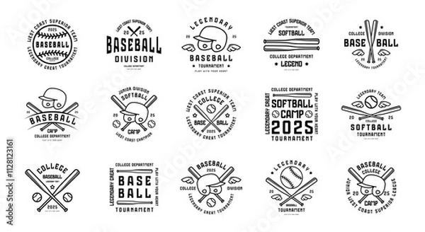 Obraz Labels set of baseball and softball game. Thin line style graphic design for t-shirt. Black print on white background