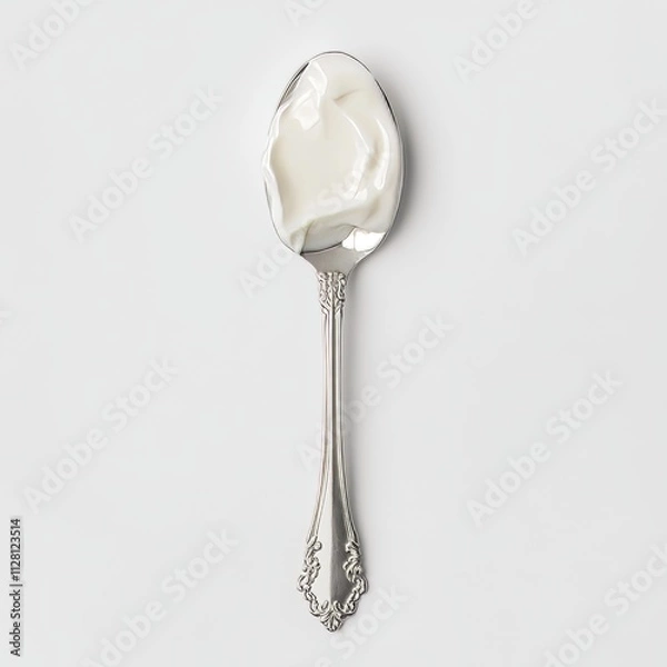 Obraz top view white yogurt on a silver spoon with a simple design isolated on a solid background. National Frozen Yogurt Day