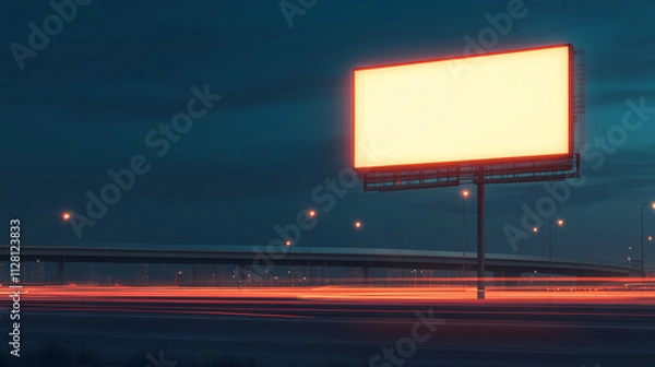 Fototapeta An illuminated blank billboard commands attention above a highway at night, shining against the deep blue-black sky. Fast-moving cars leave colorful streaks of light in their wake. The distant bridge