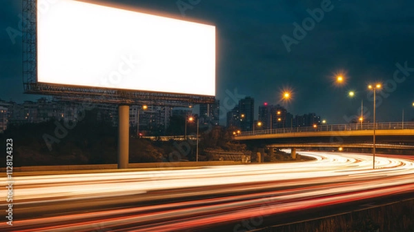 Fototapeta A towering blank billboard shines brightly above a busy city highway at night. Below, the highway is alive with motion as colorful vehicle light trails streak across it. A nearby bridge and glowing