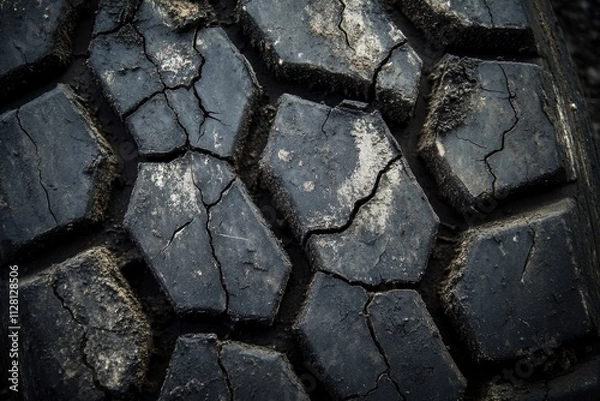 Fototapeta Exploring the intricate tread patterns of an old tire in a close-up shot captured in a natural environment at ground level for enhanced texture focus and visual impact