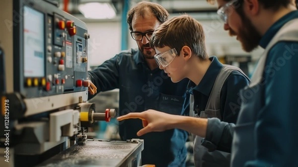 Fototapeta An apprentice and teacher collaborate at a CNC machine, showcasing vocational training and craftsmanship.