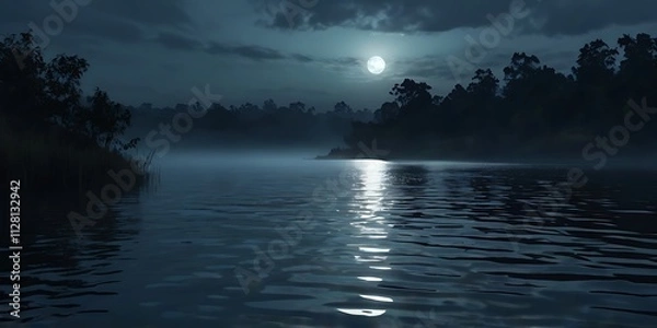 Fototapeta Serene Lake at Dawn with Misty Reflections and Soft Sunlight Amid Overcast Skies