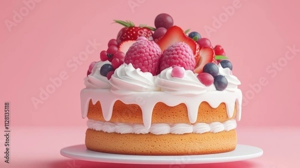 Obraz 3D rendering of a cute cake with white cream and fruits on top an isolated background