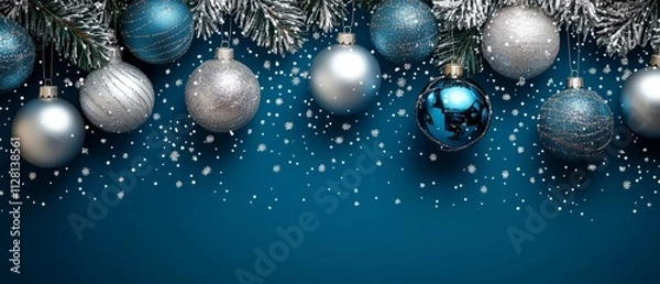Obraz A Christmas banner with silver and blue baubles hanging from the top. The middle area is blank for text, Generative AI