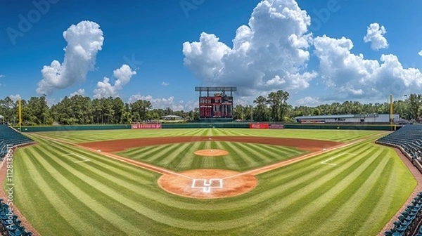 Fototapeta A panoramic shot of an empty baseball stadium, showcasing a well-maintained field and large scoreboard, evoking a sense of anticipation and calm