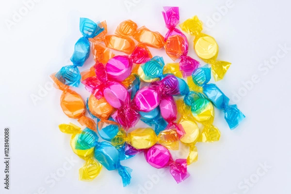 Obraz 白背景にたくさんのカラフルな包装のラムネ菓子の俯瞰