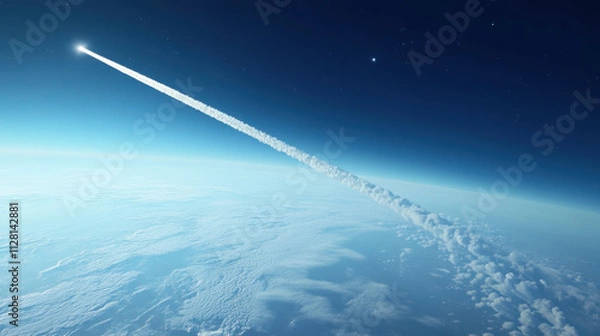 Fototapeta A Stunning View of a Rocket Launching into the Atmosphere, Illuminating the Night Sky with Bright Light and Leaving a Vapor Trail Over Earth's Curvature