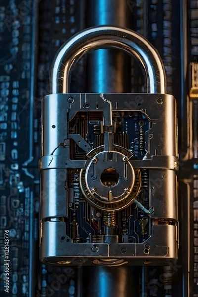 Fototapeta Digital padlock illuminated in darkness symbolizing encryption and online security.