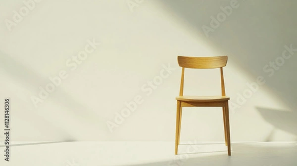 Fototapeta Minimalist wooden chair in a sunlit room showcasing simplicity and elegance against a soft, neutral wall background with subtle shadows creating a serene atmosphere