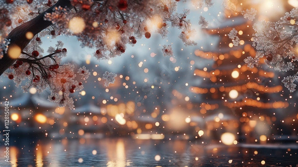 Fototapeta Winter Wonderland: A delicate frosted tree branch adorned with red berries stands out against a magical backdrop of twinkling lights and falling snow, creating a picturesque winter scene. 