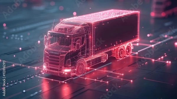 Fototapeta Digital representation of a futuristic truck design on a tech-inspired backdrop filled with vibrant neon lights