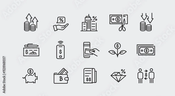 Fototapeta Finance Icons. A collection of 15 streamlined and modern icons representing key concepts in finance and investment. Examples include Profit Growth, Interest Rate, Bank Building. Vector illustration