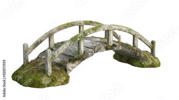 Obraz Old Wooden Bridge Surrounded by Moss and Grass, Overgrown Nature Pathway, Rustic Landscape in Tranquil Outdoor Setting