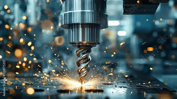 Fototapeta Close-up shot of a precision CNC machine drilling, sparks flying, showcasing modern manufacturing technology in action.