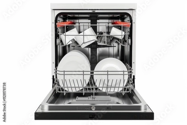 Fototapeta Modern kitchen appliance with clean dishes and organized loading in a residential kitchen setting