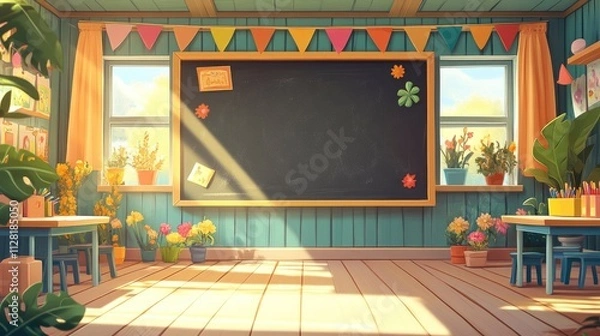 Obraz A bright classroom with a chalkboard, plants, and colorful decorations.