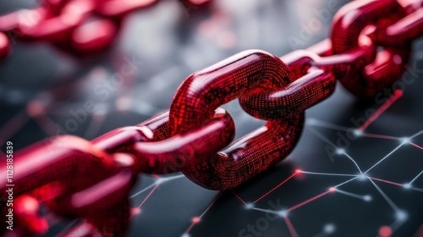 Fototapeta Red digital chain links represent secure data network