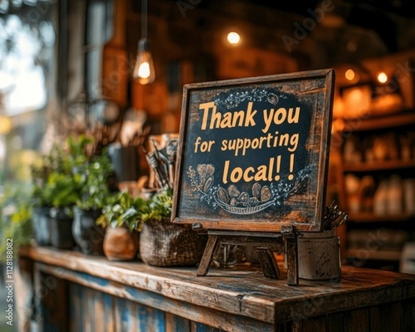 Fototapeta A rustic sign expresses gratitude for supporting local businesses amidst a cozy setting.
