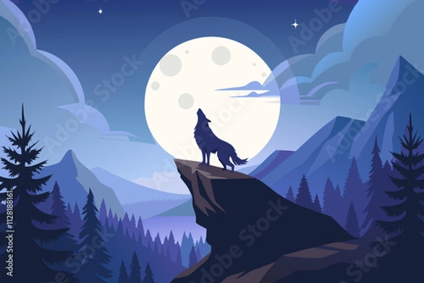 Fototapeta Wolf howling on a cliff under a full moon isolated vector illustration