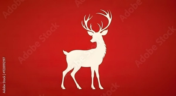 Fototapeta A simple and elegant illustration of a white reindeer silhouette against a textured red backdrop, perfect for festive christmas postcards.