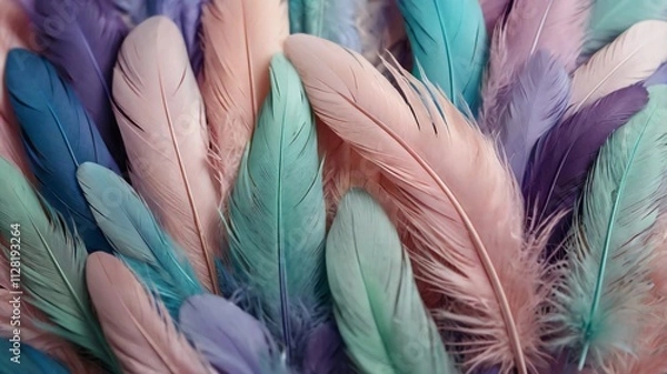 Fototapeta Beautiful multicolour feathers background in pastel pink, blue, mint and purple colors. Minimal abstract composition with copy space for text. Selective focus, festive concept