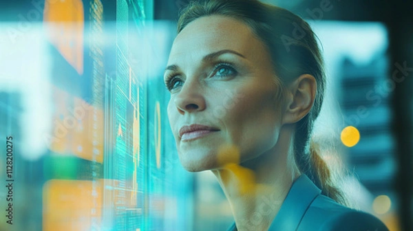 Fototapeta Businesswoman Analyzing Data Display on Glass Interface in Modern Office Environment with City View and Bright Lighting