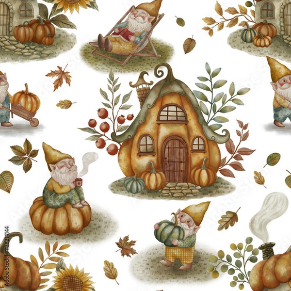 Fototapeta A seamless watercolor pattern featuring whimsical pumpkins, autumn leaves, and cheerful gnomes. Perfect for fall designs in textiles, wallpapers, greeting cards, posters, wrapping paper, and seasonal 