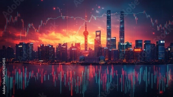 Fototapeta Shanghai skyline at sunset with superimposed stock market chart indicating financial growth and global trade.