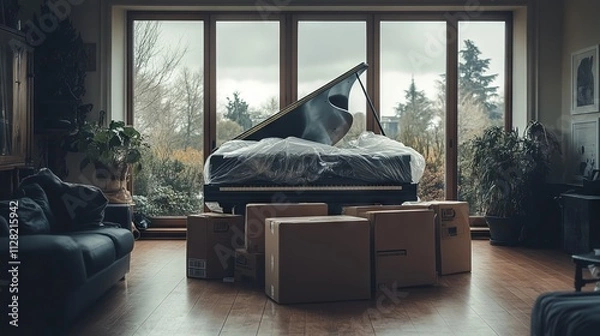 Fototapeta Black Piano Wrapped in Plastic in an Empty Living Room with Large Windows AI generated illustration