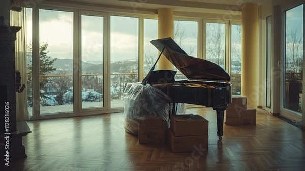 Fototapeta Black Piano Wrapped in Plastic in an Empty Living Room with Large Windows AI generated illustration
