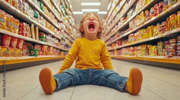 Fototapeta A frustrated child sitting on the floor of a grocery store aisle, crying loudly and throwing a tantrum, surrounded by colorful shelves of snacks and cereal boxes