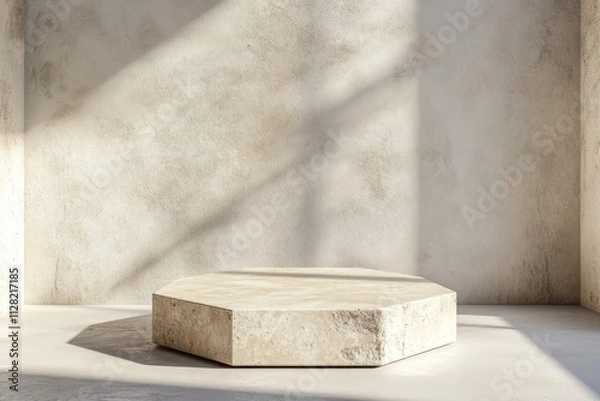 Fototapeta A minimalist hexagonal pedestal in a softly lit room with textured walls.