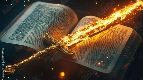 Fototapeta Golden Sword with Fire on Open Bible in a Fantasy Style AI generated illustration
