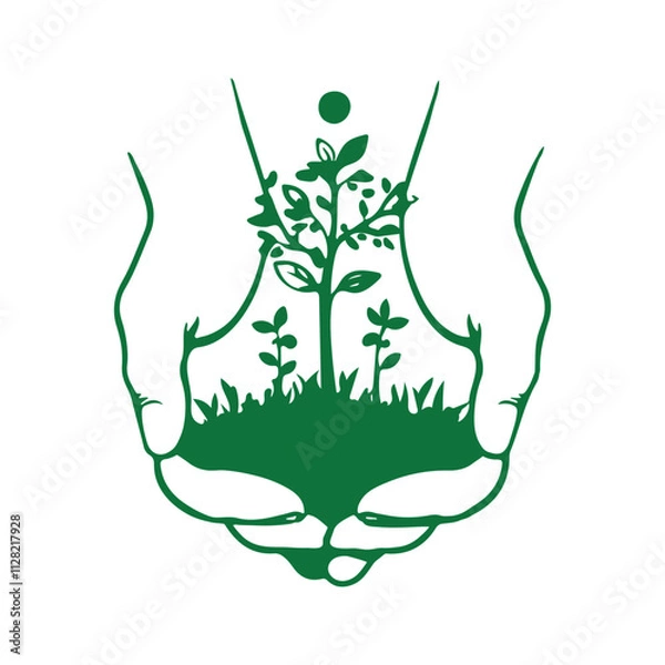Fototapeta Environment earth day In the hands of trees growing seedlings. silhouette line art isolated on white background