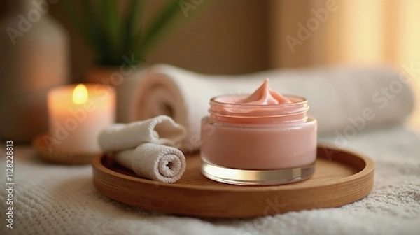 Obraz Spa essentials on wooden tray, relaxation and skincare