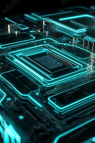 Fototapeta A futuristic circuit board glowing with blue lines on a black background. 