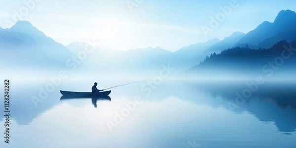Obraz A solitary fisherman in a kayak casts his line into a misty lake, surrounded by breathtaking mountains. This serene moment captures peace and solitude in nature.