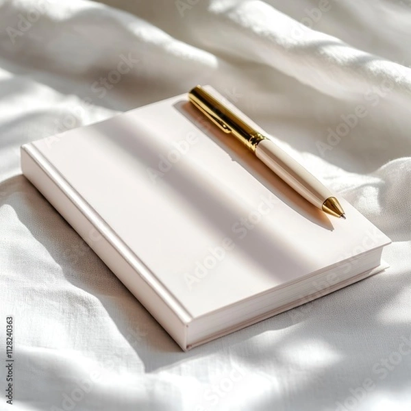 Fototapeta A minimalist notebook with a pen resting on a soft fabric surface, ideal for writing or journaling.