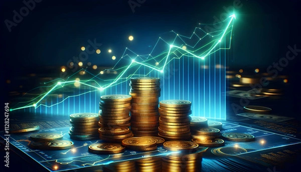 Obraz Bitcoin Crypto A pile of gold coins on a dark reflective surface with a glowing line graph rising steadily in the b3