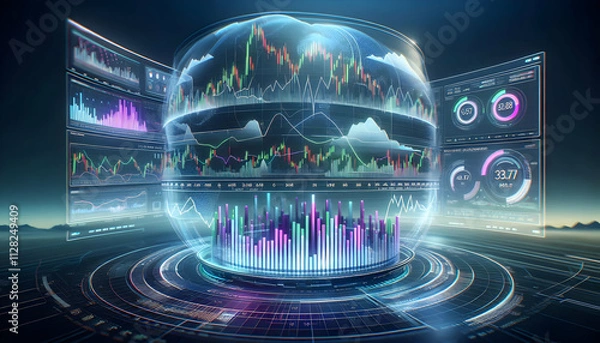 Fototapeta Bitcoin Crypto A Forex trading holographic dashboard with real-time interactive graphs and overlapping candlesticks4