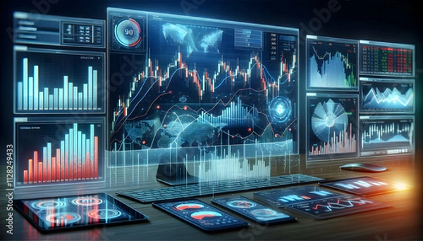 Obraz Bitcoin Crypto A Forex trading holographic dashboard with real-time interactive graphs and overlapping candlesticks1